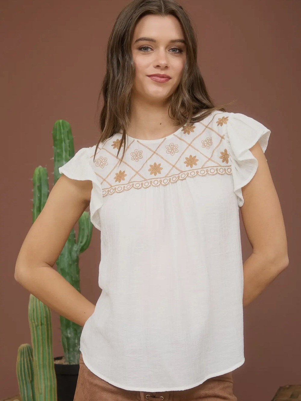 Mine Brand Embroidered Flutter Sleeve Ivory Blouse
